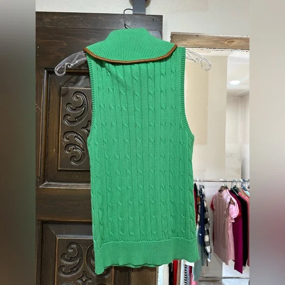 Ralph Lauren sleeveless braid sweater. Leather trim. Size M - Picture 3 of 5
